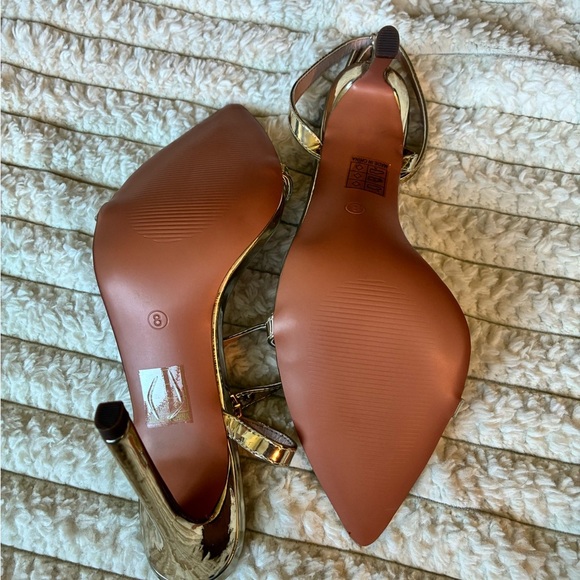 NWOT PrettyLittleThing Gold Metallic Strappy Pointed Toe Stiletto Heels - Picture 4 of 9